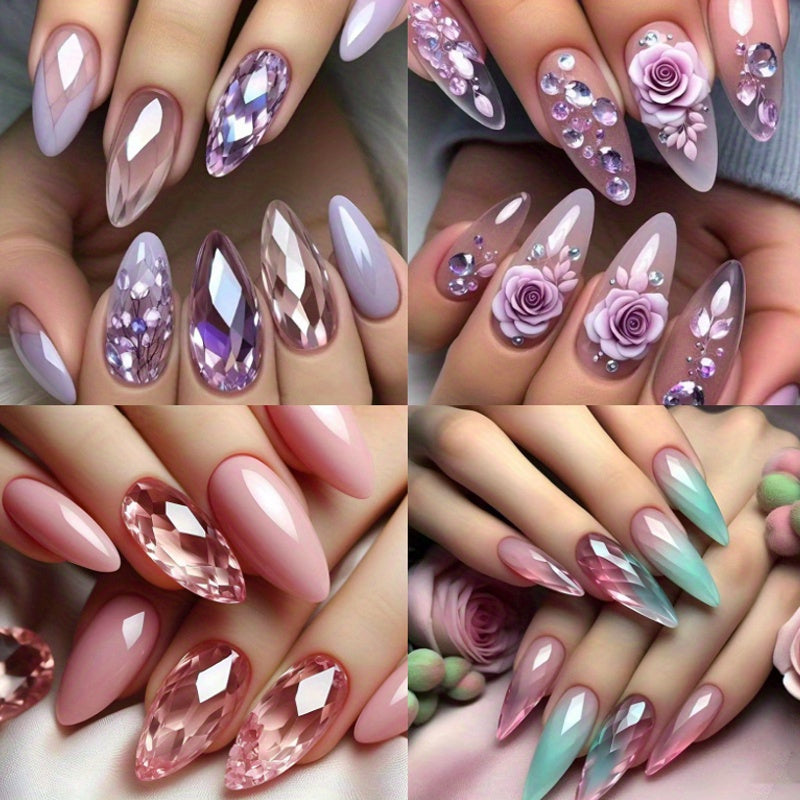 96PCS (4 PACK) Press in Almond Nail Set - Medium Length Purple and Pink Tones with Floral Patterns, Glossy Detachable Nail Tips, Suitable for Fashionable Autumn and Winter Styles